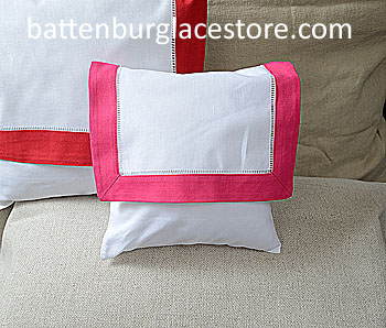 Envelope Pillow.Baby size 8 in. White with RASPBERRY SORBET Trim - Click Image to Close
